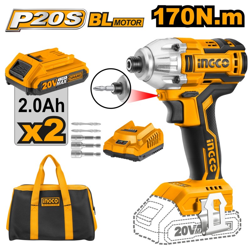 Винтовёрт аккумуляторный, ударный Li-Ion 20В/2*2А INGCO CIRLI2002