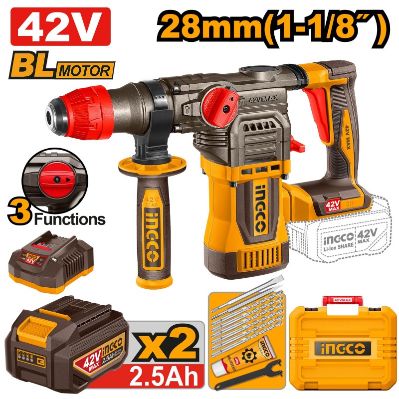 Перфоратор аккумуляторный с аккумулятором 42В INGCO CRHLI422882