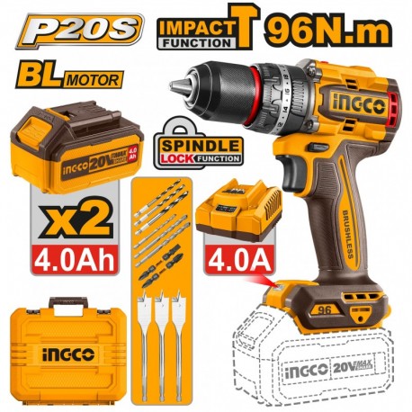 Aккумуляторный ударный шуруповёрт 2*4.0Ah 96N.m INGCO CIDLI20968