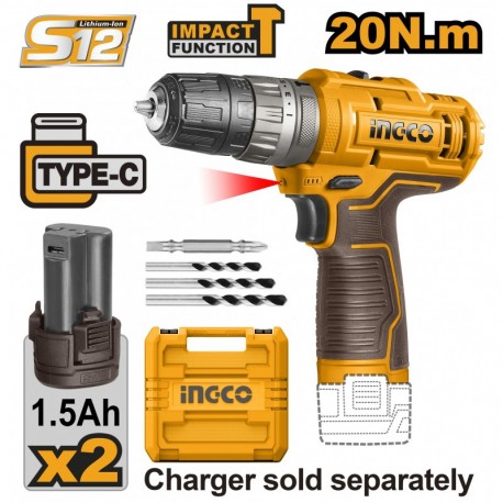 Шуруповёрт аккумуляторный ударный Li-Ion 12V/2*1.5A INGCO...