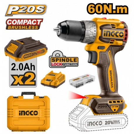 Шуруповерт бесщеточный 60 Нм 20V/2*2Ah INGCO CDLI20602