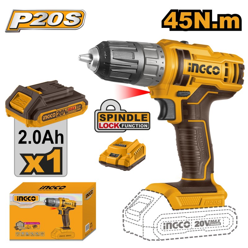 Аккумуляторный шуруповерт 45 Нм 1x2.0Ah  INGCO CDLI200518