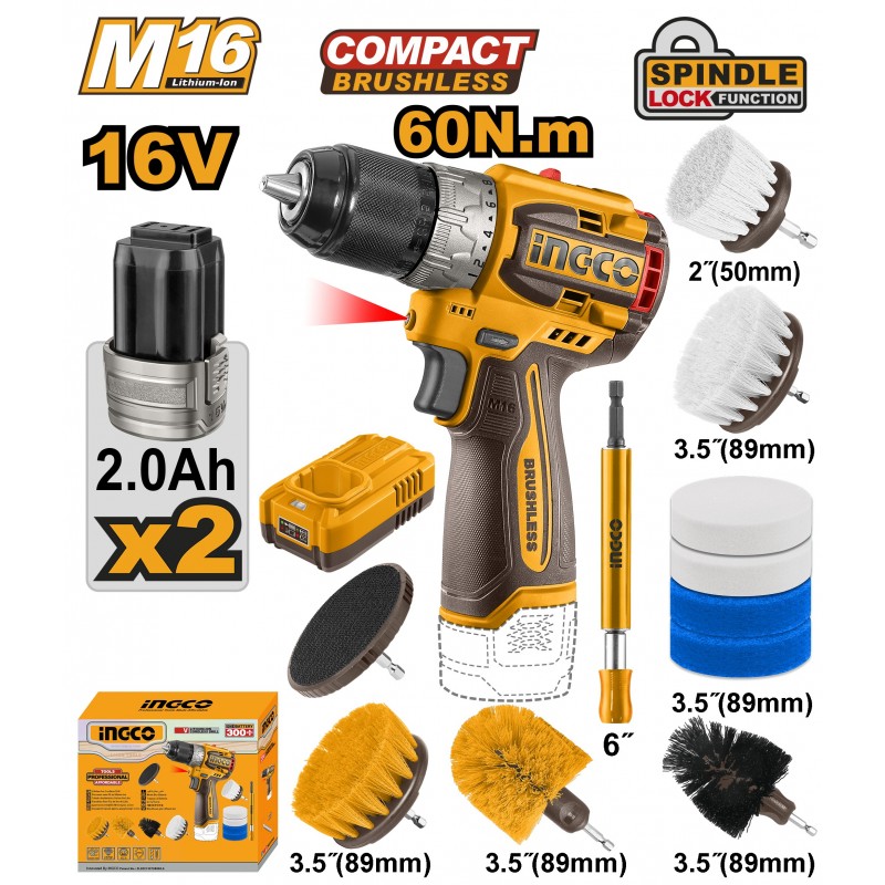 Шуруповёрт аккумуляторный 16V/2*2.0Ah+набор щеток  INGCO...